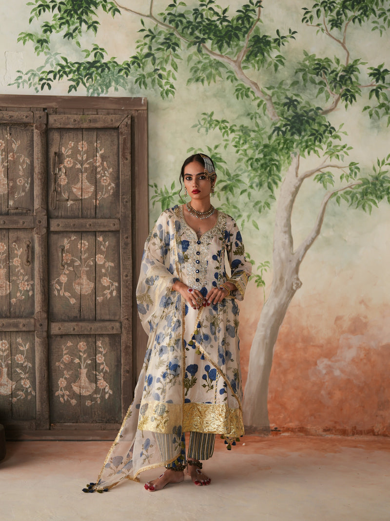 BLUE GENDA PHOOL  KALIDAAR KURTA WITH PANT AND DUPATTA (SET OF 3)
