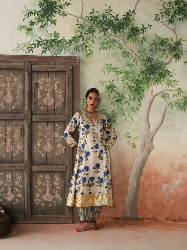 BLUE GENDA PHOOL  KALIDAAR KURTA WITH PANT AND DUPATTA (SET OF 3)