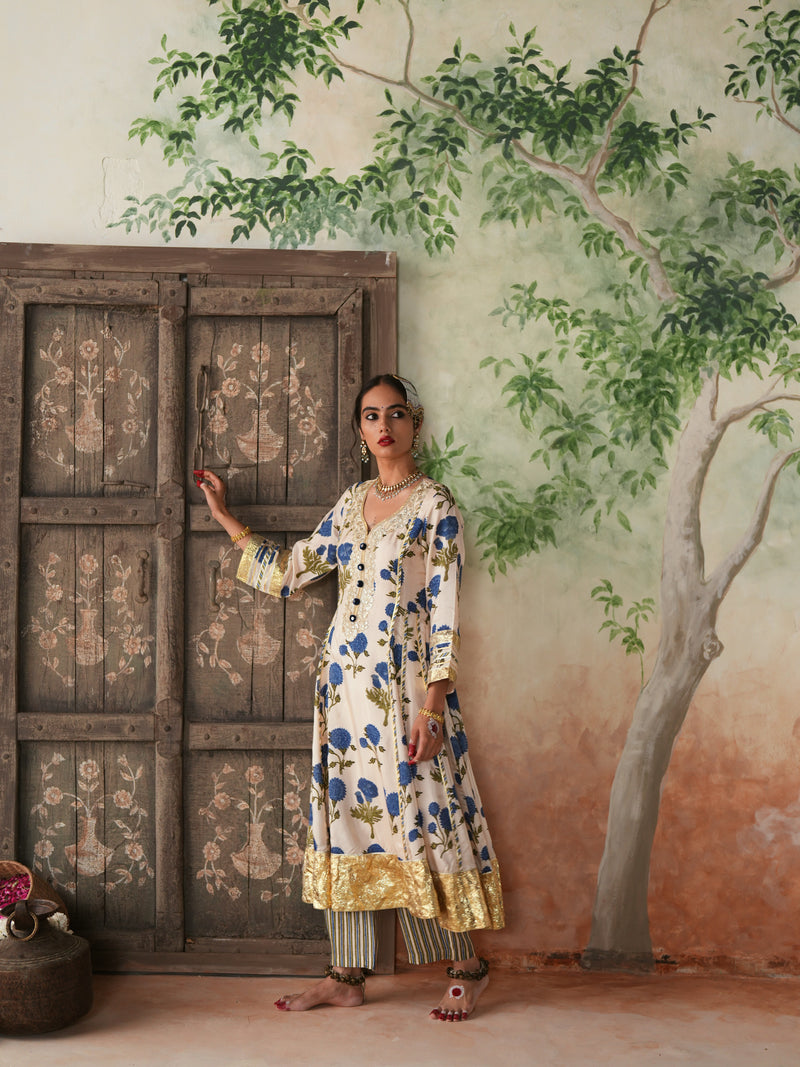 BLUE GENDA PHOOL  KALIDAAR KURTA WITH PANT AND DUPATTA (SET OF 3)