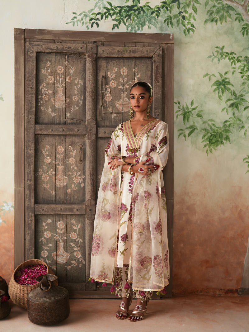 MAROON GULBOOTA V-NECK BOX PLEATED KURTA WITH PANT AND DUPATTA (SET OF 3)