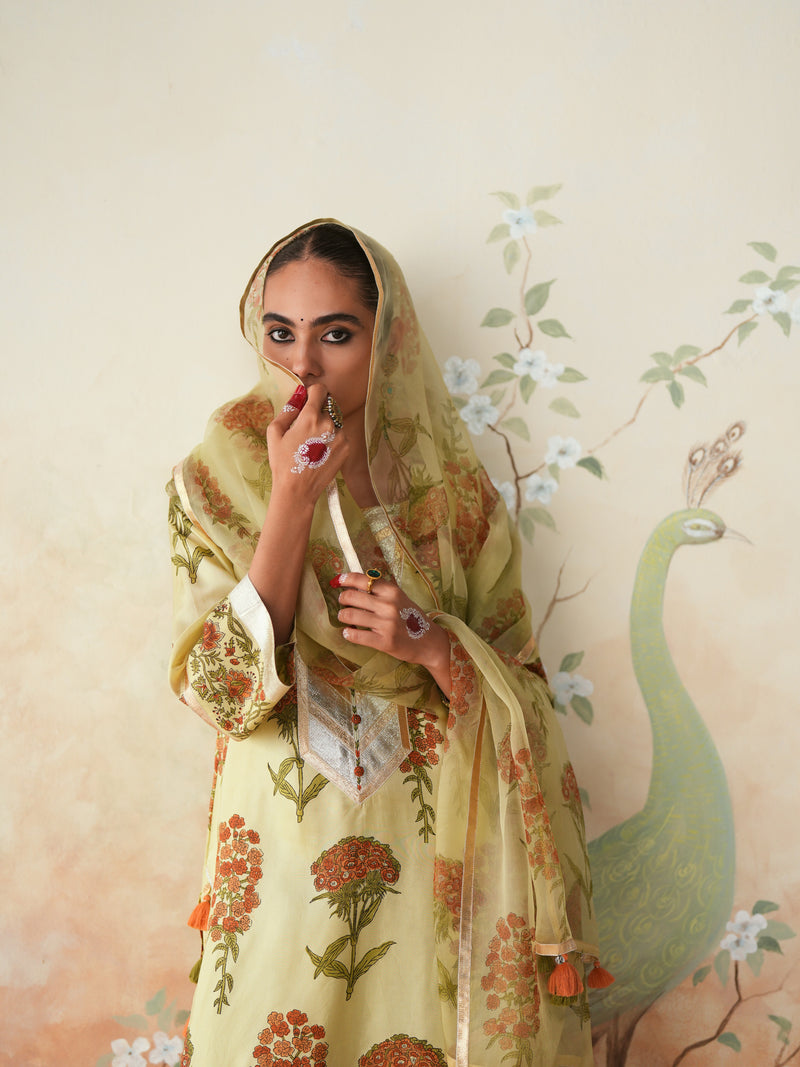 ORANGE GULBOOTA STRAIGHT LONG KURTA WITH PANT AND DUPATTA (SET OF 3)