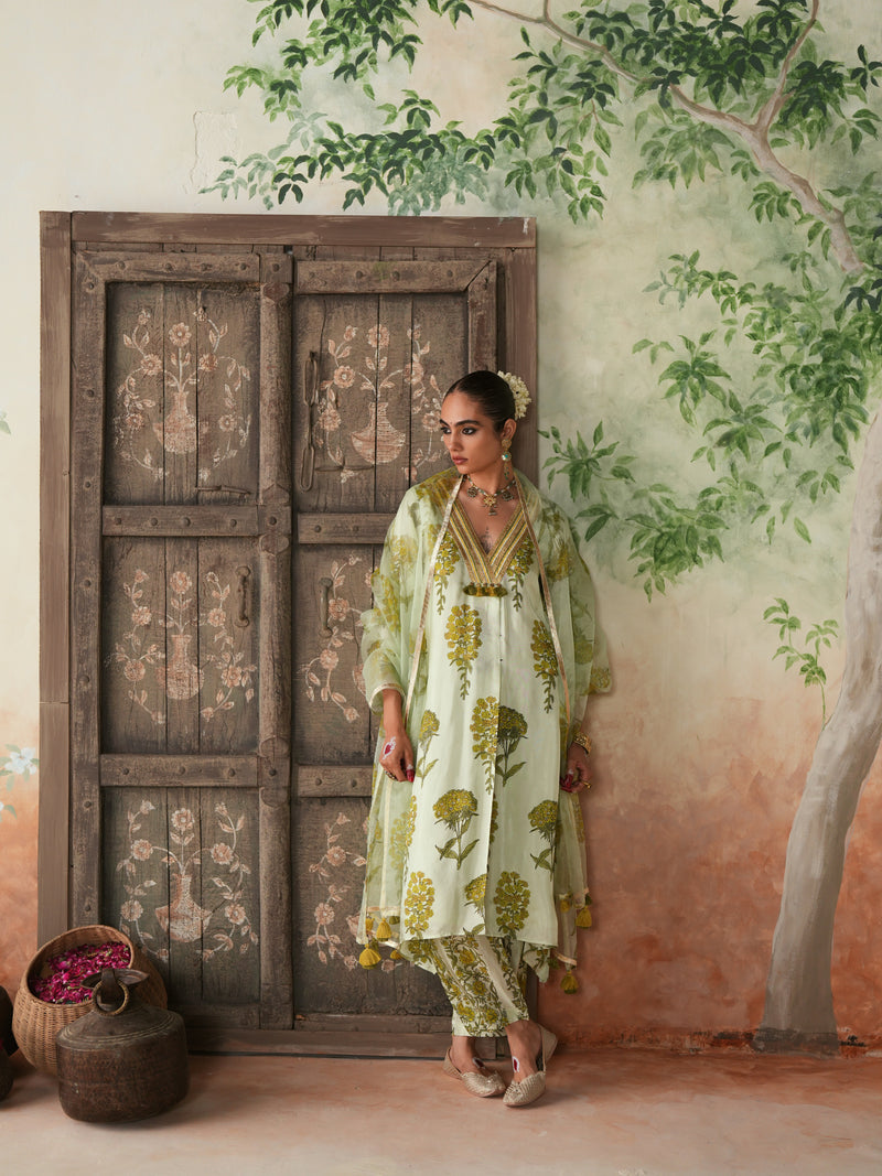 GREEN GULBOOTA V-NECK BOX PLEATED KURTA WITH PANT AND DUPATTA (SET OF 3)