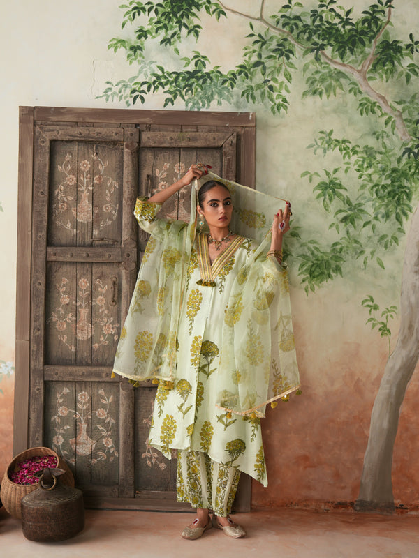 GREEN GULBOOTA V-NECK BOX PLEATED KURTA WITH PANT AND DUPATTA (SET OF 3)