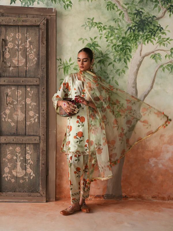 ORANGE GENDA PHOOL V-NECK SHORT KURTA WITH SALWAR AND DUPATTA (SET OF 3)