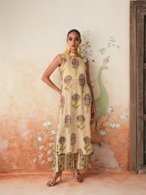 LAVENDER GULBOOTA OVERLAY KURTA WITH PANT AND BUSTIER (SET OF 3)
