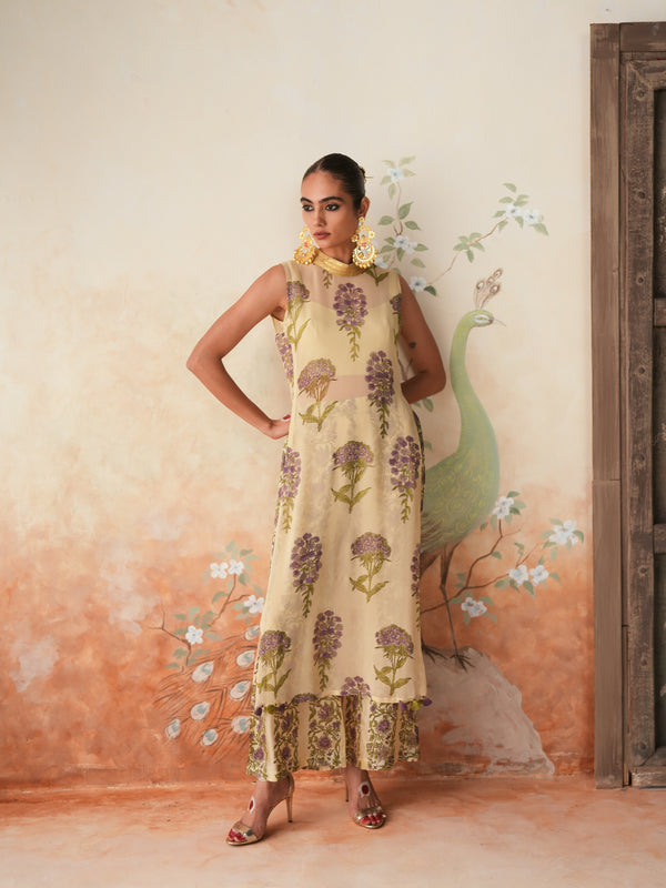 LAVENDER GULBOOTA OVERLAY KURTA WITH PANT AND BUSTIER (SET OF 3)