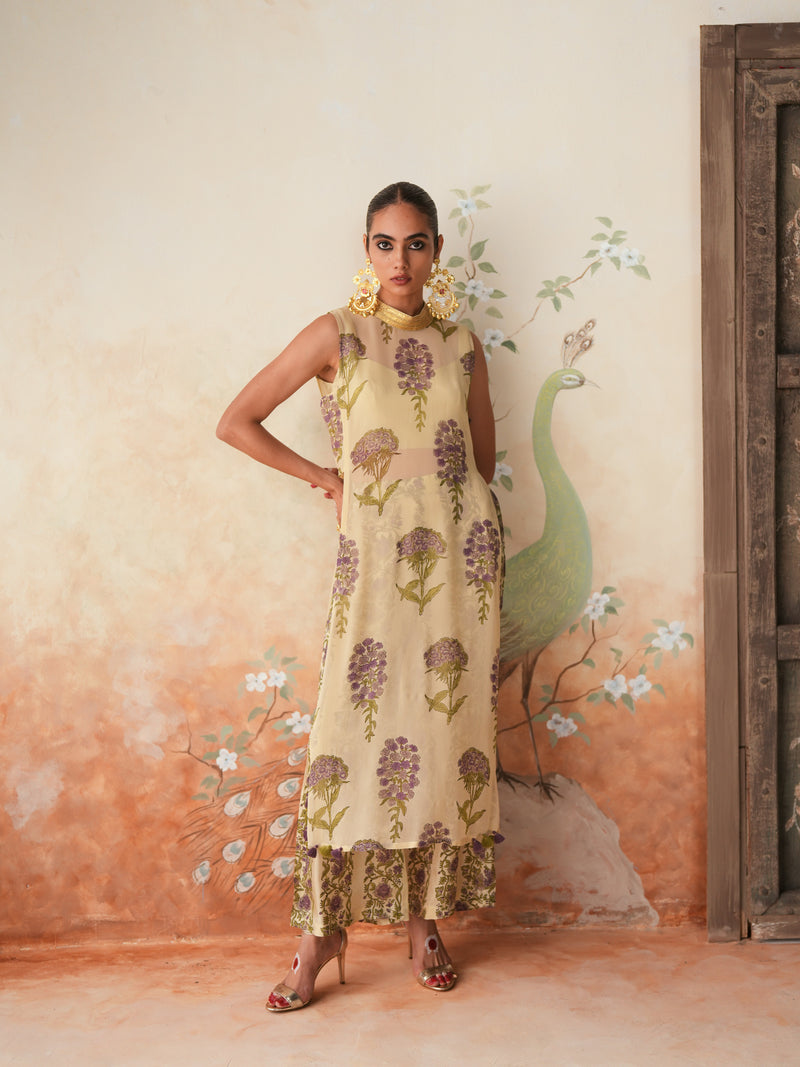 LAVENDER GULBOOTA OVERLAY KURTA WITH PANT AND BUSTIER (SET OF 3)