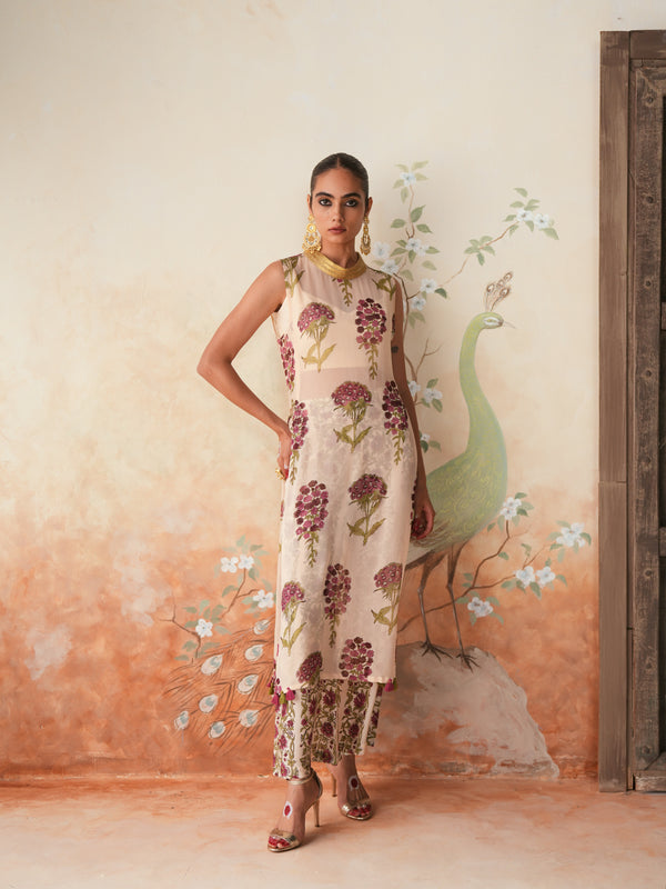 MAROON GULBOOTA OVERLAY KURTA WITH PANT AND BUSTIER (SET OF 3)