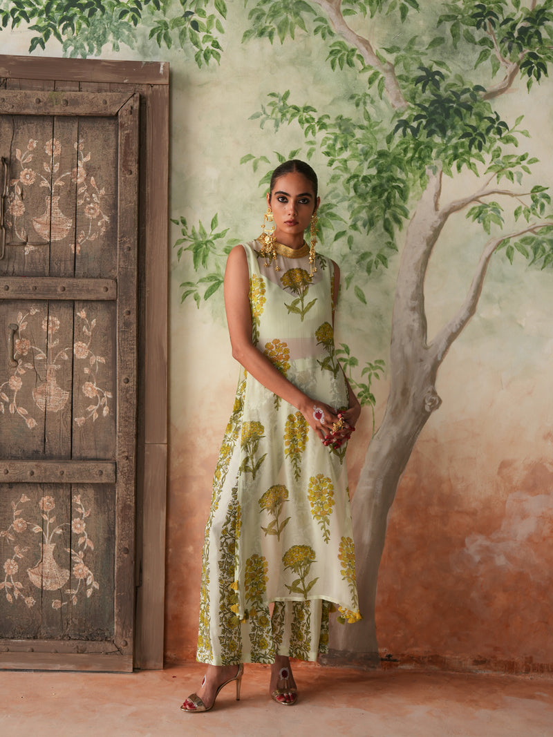 LIMEGREEN GULBOOTA OVERLAY KURTA WITH PANT AND BUSTIER (SET OF 3)