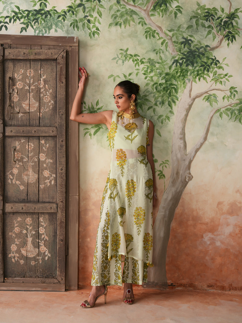 LIMEGREEN GULBOOTA OVERLAY KURTA WITH PANT AND BUSTIER (SET OF 3)