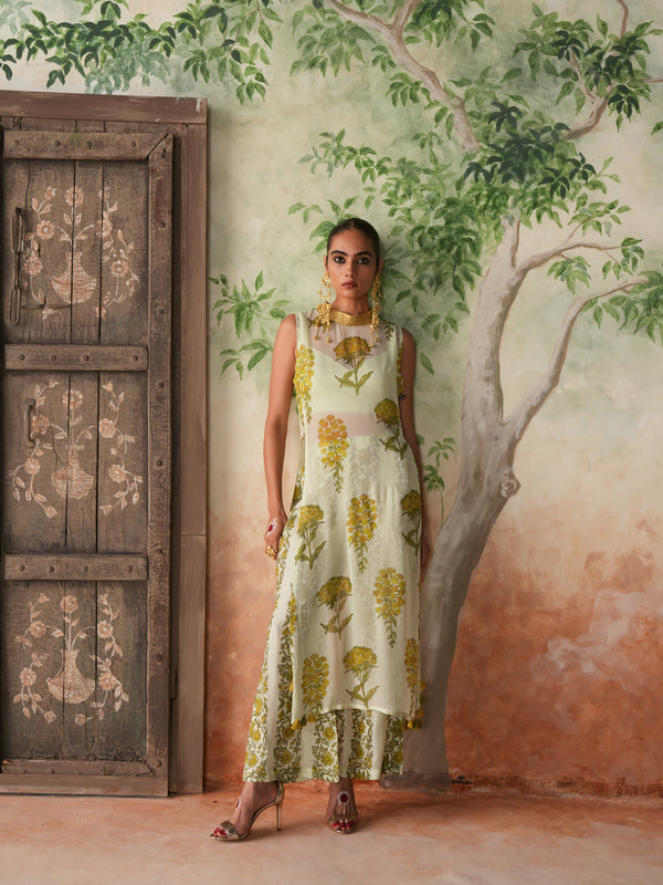 LIMEGREEN GULBOOTA OVERLAY KURTA WITH PANT AND BUSTIER (SET OF 3)