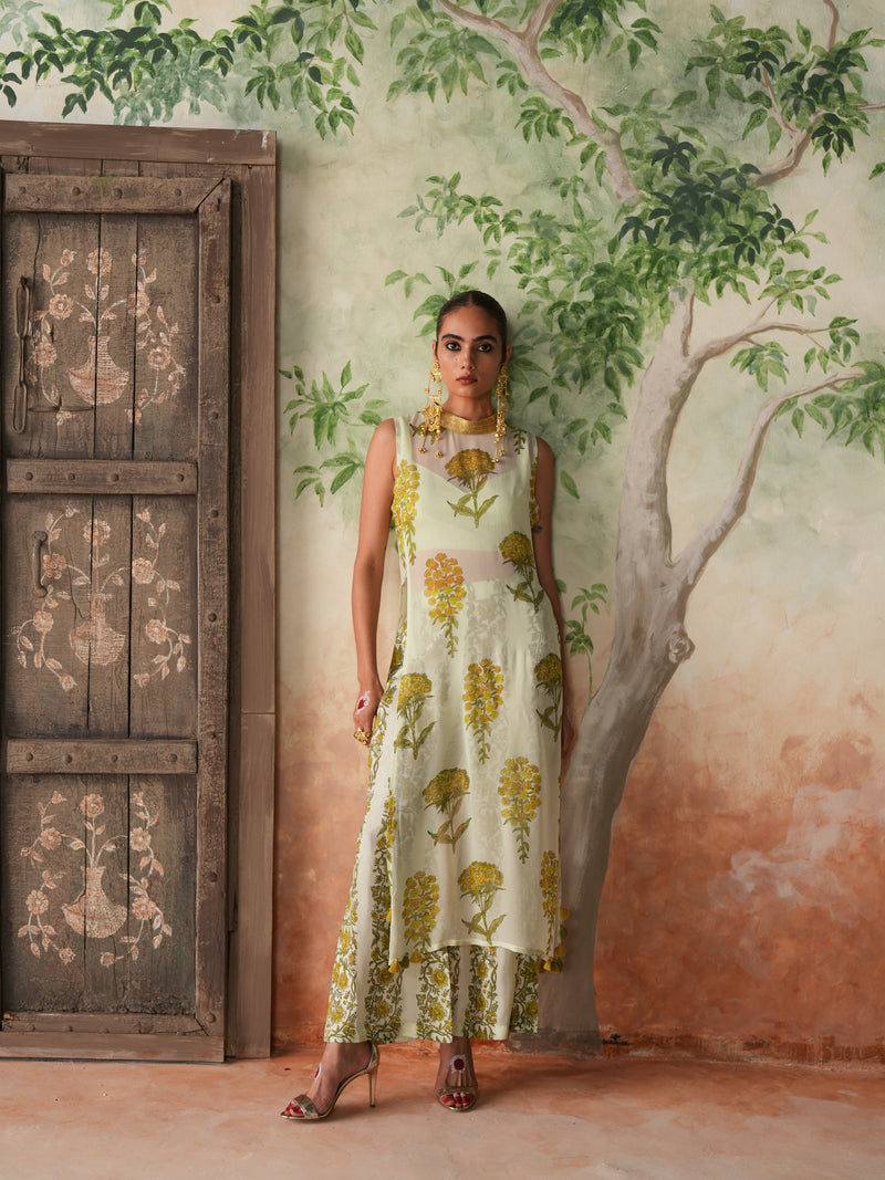 LIMEGREEN GULBOOTA OVERLAY KURTA WITH PANT AND BUSTIER (SET OF 3)