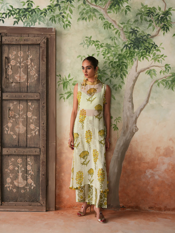 LIMEGREEN GULBOOTA OVERLAY KURTA WITH PANT AND BUSTIER (SET OF 3)