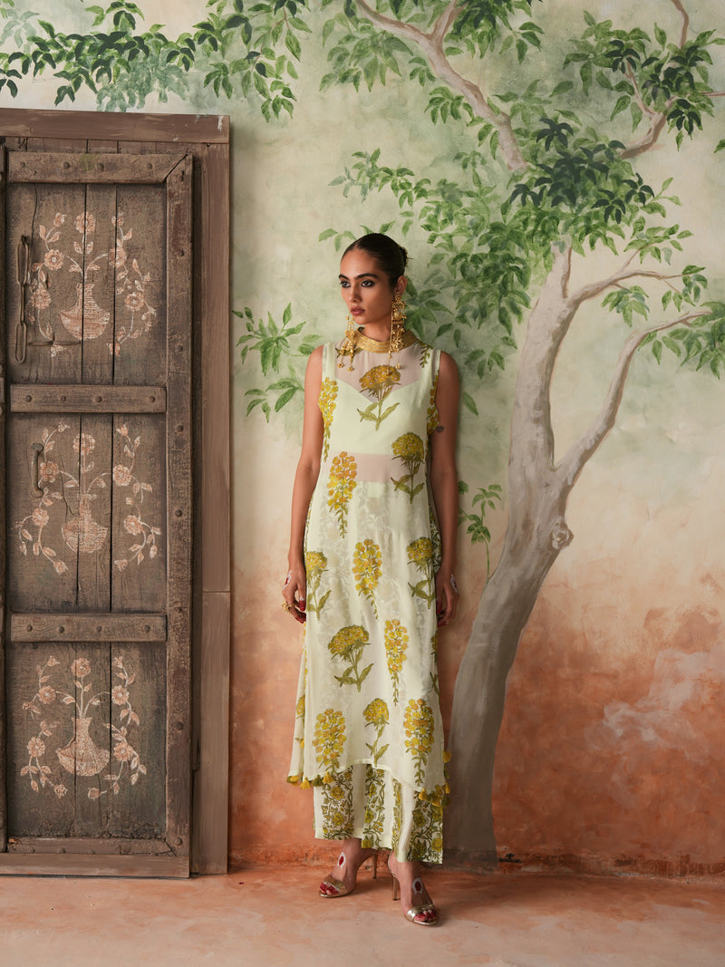 LIMEGREEN GULBOOTA OVERLAY KURTA WITH PANT AND BUSTIER (SET OF 3)