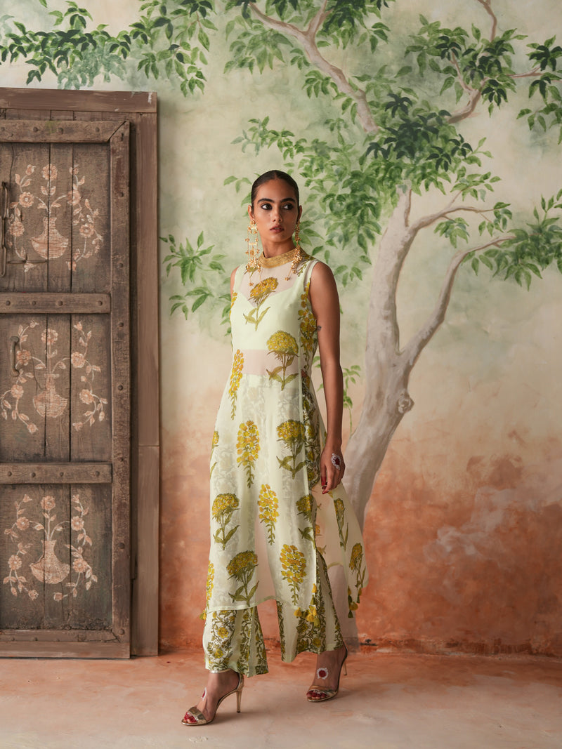 LIMEGREEN GULBOOTA OVERLAY KURTA WITH PANT AND BUSTIER (SET OF 3)