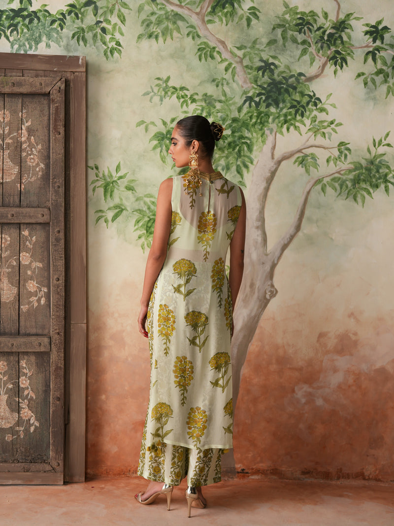 LIMEGREEN GULBOOTA OVERLAY KURTA WITH PANT AND BUSTIER (SET OF 3)