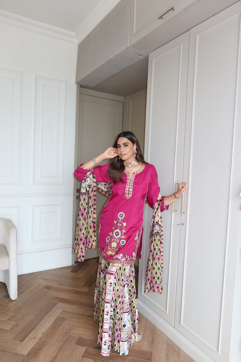 RANGREZ FUCHSIA PINK STRAIGHT SHORT KURTA WITH GHARARA AND DUPATTA (SET OF 3)