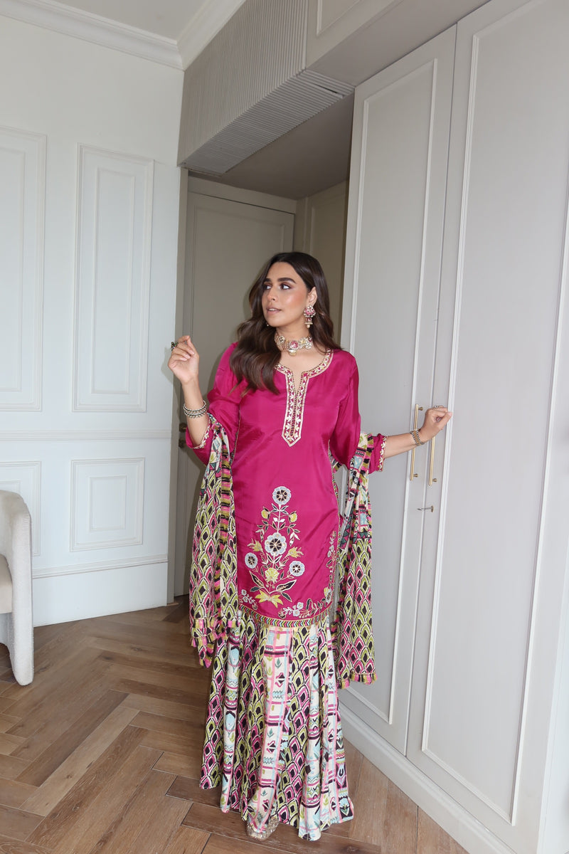 RANGREZ FUCHSIA PINK STRAIGHT SHORT KURTA WITH GHARARA AND DUPATTA (SET OF 3)