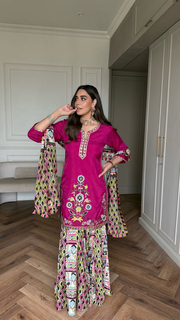 RANGREZ FUCHSIA PINK STRAIGHT SHORT KURTA WITH GHARARA AND DUPATTA (SET OF 3)