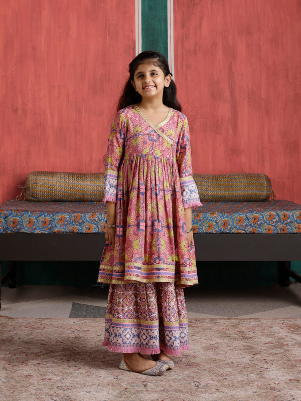 Laila Angrakha Style Kurta with Sharara and Dupatta -Set of 3(For Kids)