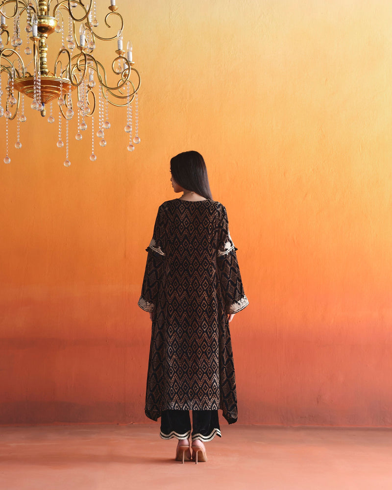 Black velvet v-neck asymmetrical kurta with pant and dupatta- Set of 3