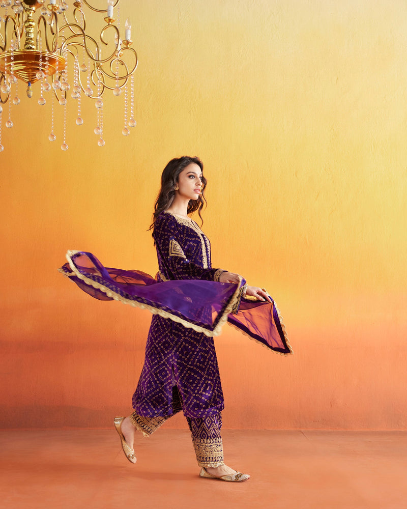 Purple velvet straight kurta with salwar and dupatta-Set of 3