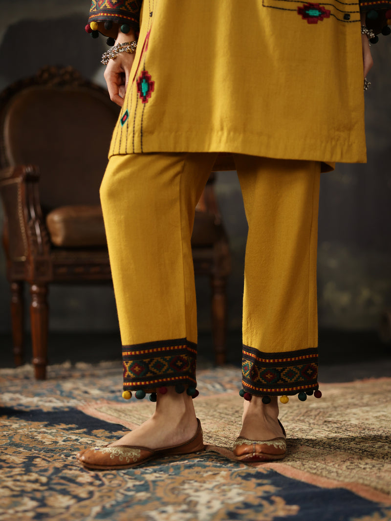 Yellow Pashmina Short Kurta with Pant and Scarf- Set of 3