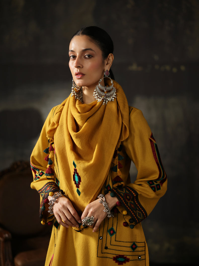 Yellow Pashmina Short Kurta with Pant and Scarf- Set of 3