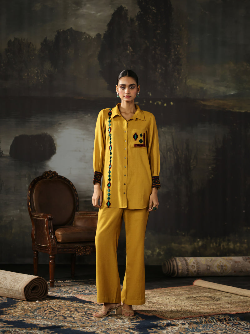 Yellow Collared Pashmina Shirt and Pant Co-ord Set- Set of 2