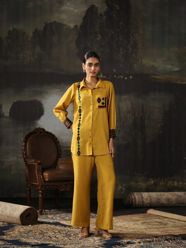 Yellow Collared Pashmina Shirt and Pant Co-ord Set- Set of 2