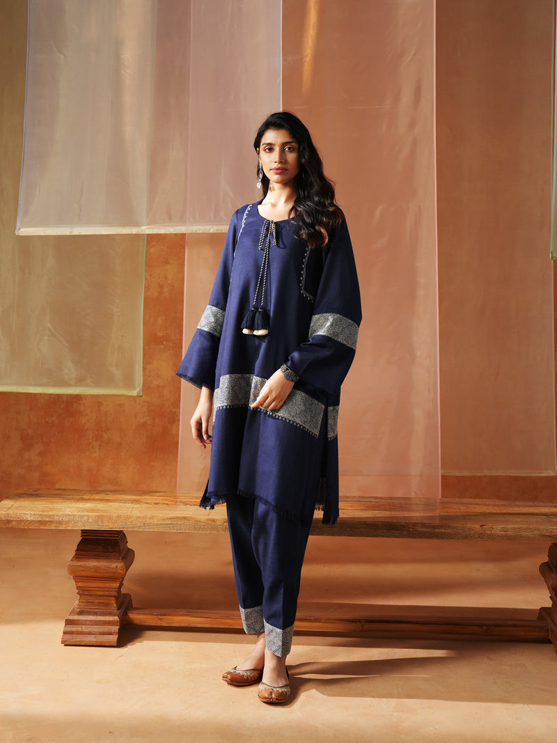 NAVY AND OFFWHITE FRONT TIE-UP SHORT KURTA WITH SALWAR AND STOLE