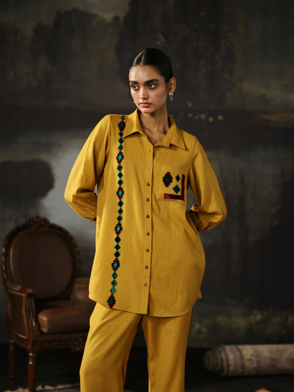 Yellow Collared Pashmina Shirt and Pant Co-ord Set- Set of 2