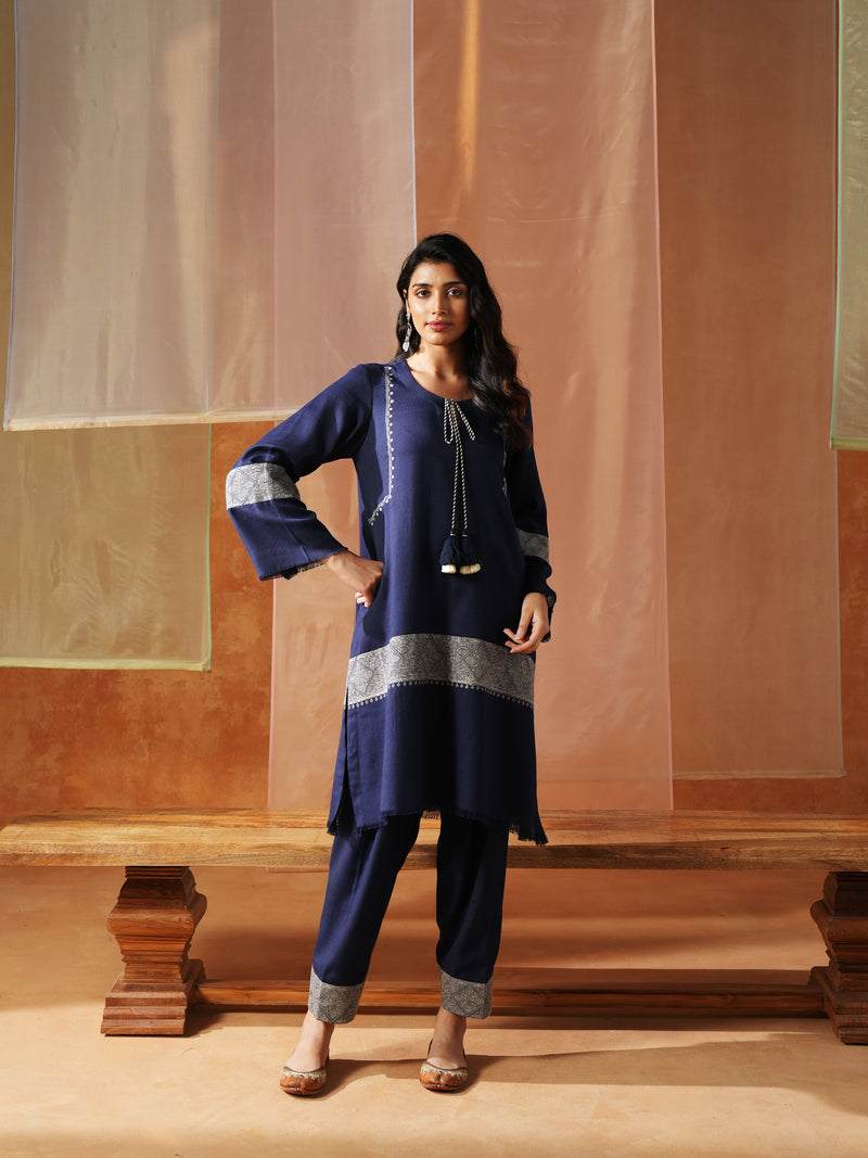 NAVY AND OFFWHITE FRONT TIE-UP SHORT KURTA WITH SALWAR AND STOLE