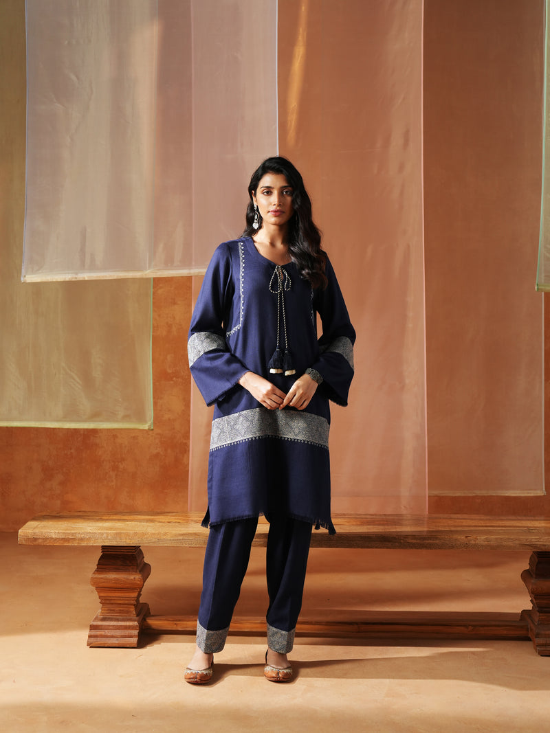 NAVY AND OFFWHITE FRONT TIE-UP SHORT KURTA WITH SALWAR AND STOLE