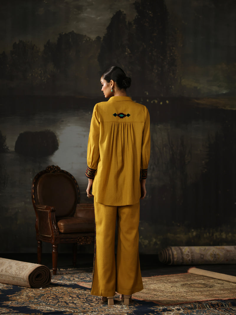 Yellow Collared Pashmina Shirt and Pant Co-ord Set- Set of 2