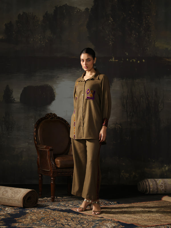 Fawn Collared Pashmina Shirt and Pant Co-ord Set- Set of 2