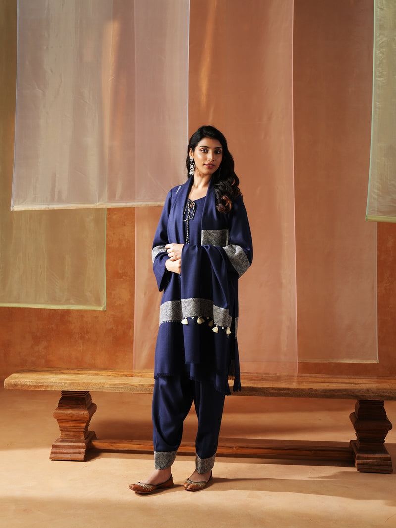 NAVY AND OFFWHITE FRONT TIE-UP SHORT KURTA WITH SALWAR AND STOLE