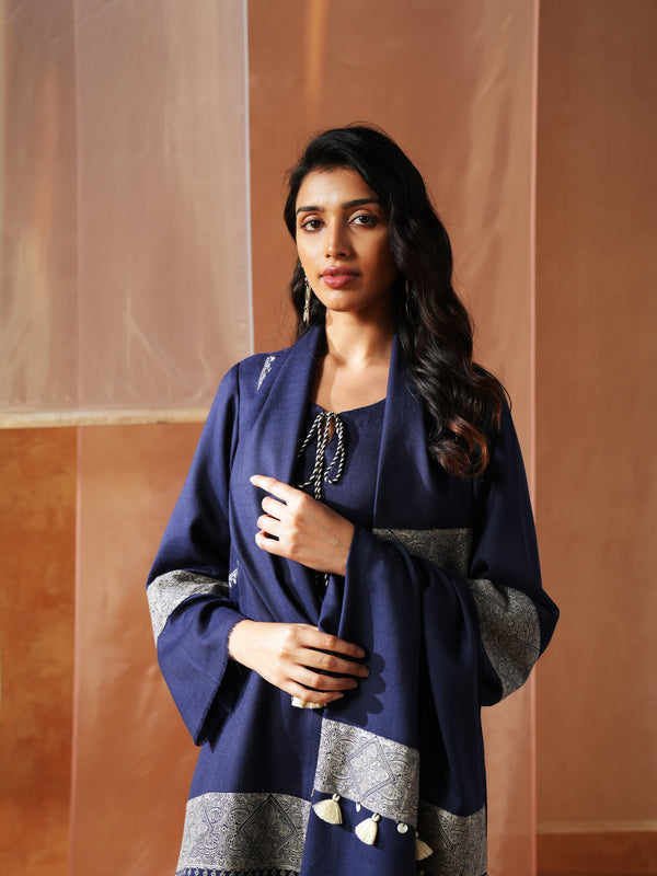 NAVY AND OFFWHITE FRONT TIE-UP SHORT KURTA WITH SALWAR AND STOLE