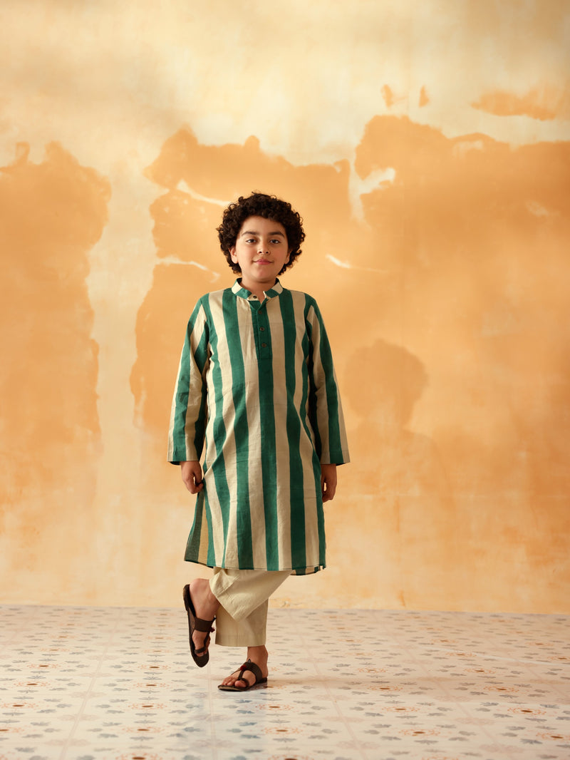 BOTTLE GREEN AND BEIGE STRIPED BOYS KURTA SET - SET OF 2