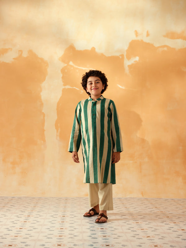 BOTTLE GREEN AND BEIGE STRIPED BOYS KURTA SET - SET OF 2