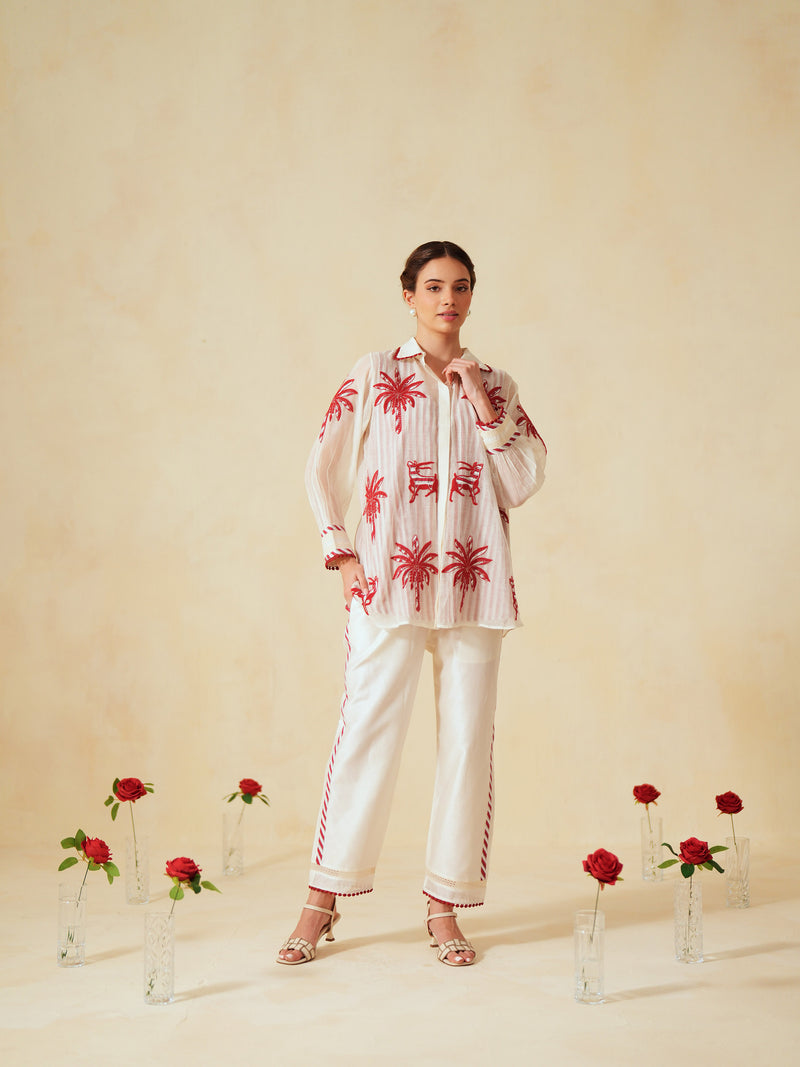 RED AND OFF-WHITE COTTON CHANDERI EMBROIDERED SHIRT AND PANT CO-ORD SET