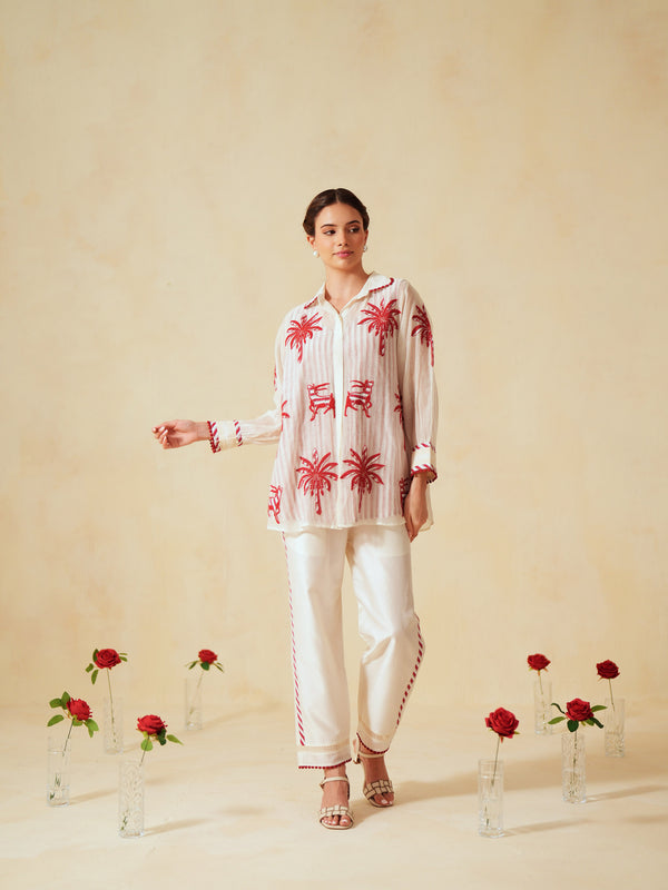 RED AND OFF-WHITE COTTON CHANDERI EMBROIDERED SHIRT AND PANT CO-ORD SET