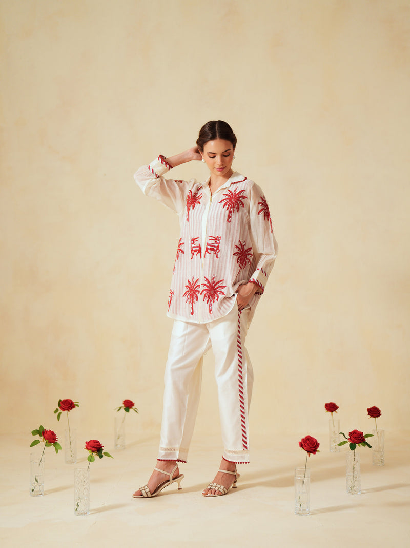 RED AND OFF-WHITE COTTON CHANDERI EMBROIDERED SHIRT AND PANT CO-ORD SET