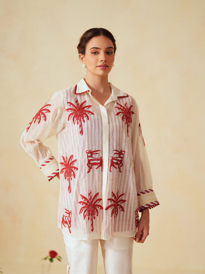 RED AND OFF-WHITE COTTON CHANDERI EMBROIDERED SHIRT AND PANT CO-ORD SET