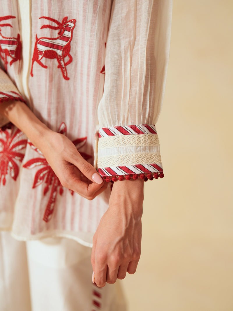 RED AND OFF-WHITE COTTON CHANDERI EMBROIDERED SHIRT AND PANT CO-ORD SET