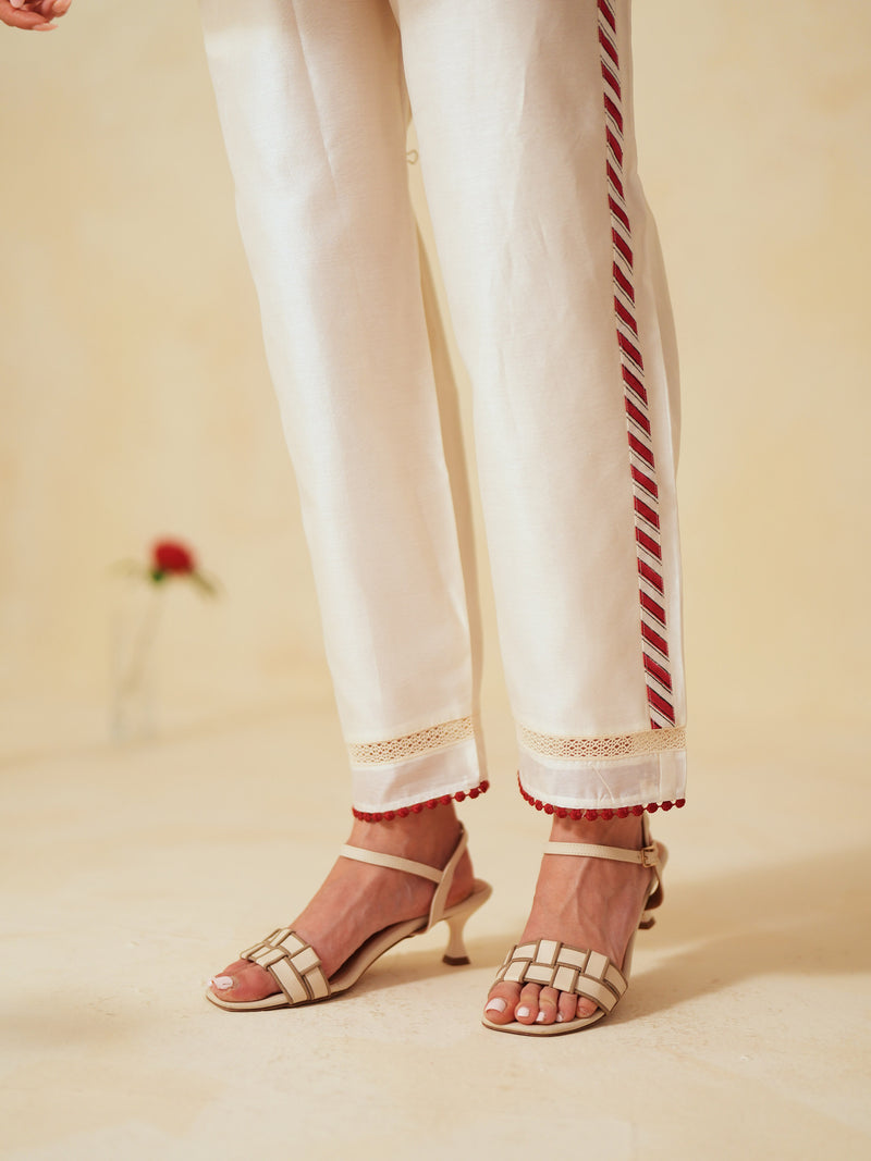 RED AND OFF-WHITE COTTON CHANDERI EMBROIDERED SHIRT AND PANT CO-ORD SET
