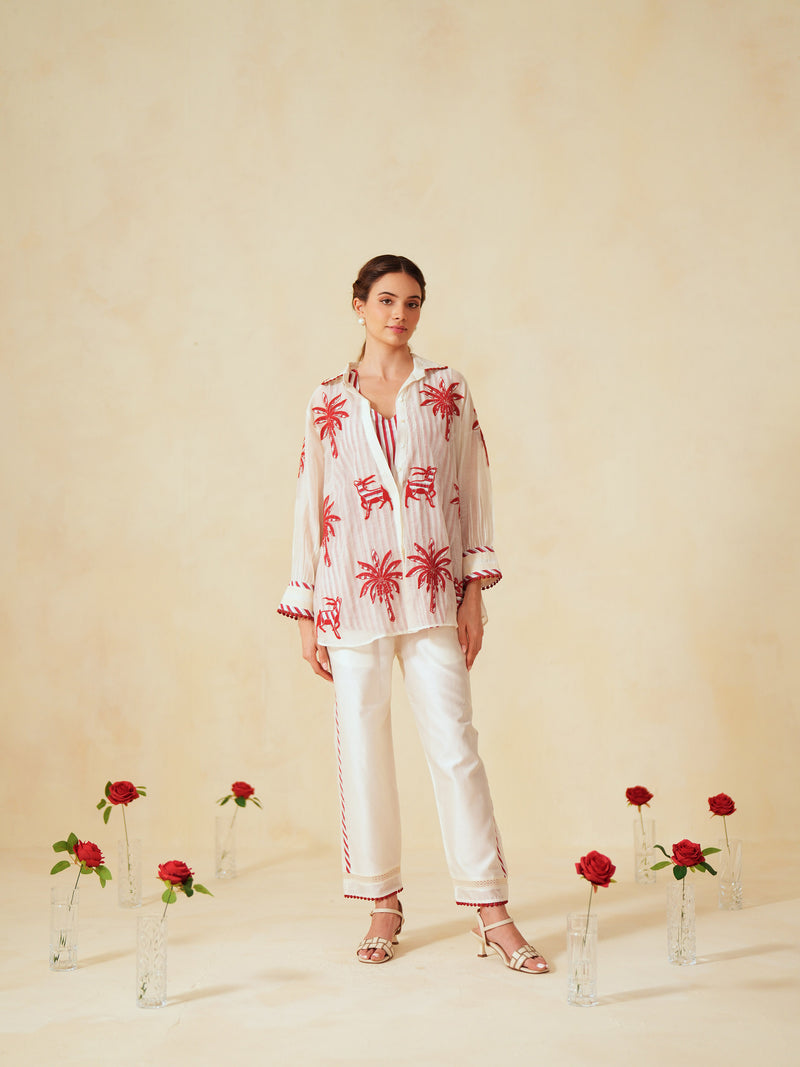 RED AND OFF-WHITE COTTON CHANDERI EMBROIDERED SHIRT AND PANT CO-ORD SET