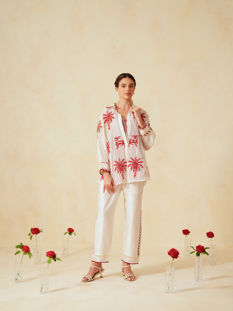 RED AND OFF-WHITE COTTON CHANDERI EMBROIDERED SHIRT AND PANT CO-ORD SET