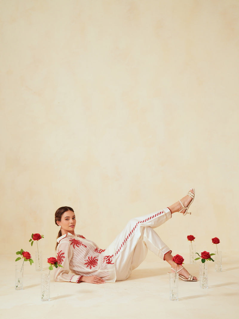 RED AND OFF-WHITE COTTON CHANDERI EMBROIDERED SHIRT AND PANT CO-ORD SET