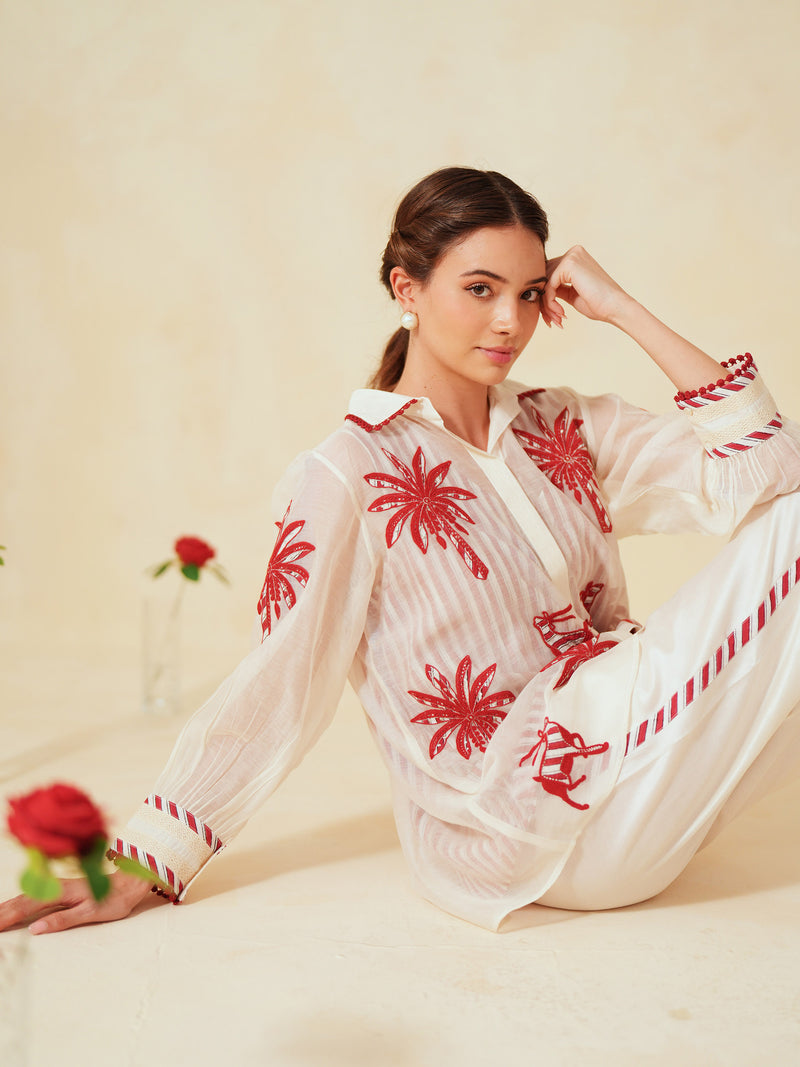 RED AND OFF-WHITE COTTON CHANDERI EMBROIDERED SHIRT AND PANT CO-ORD SET